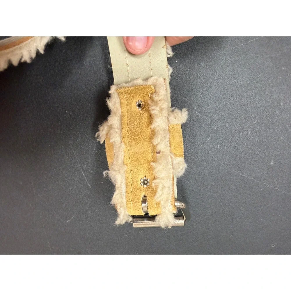 Vintage Tan Suede Shearling Trim Belt Silver Grommet Buckle Made in USA‎ M/L